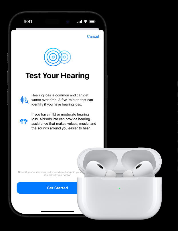 Screenshot of landing page for the hearing test on iPhone with AirPods that support Hearing Test