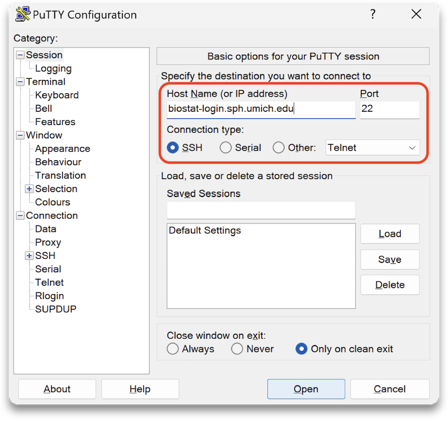 PuTTY Configuration PuTTY configuration window showing biostat-login.sph.umich.edu in the Host Name field.