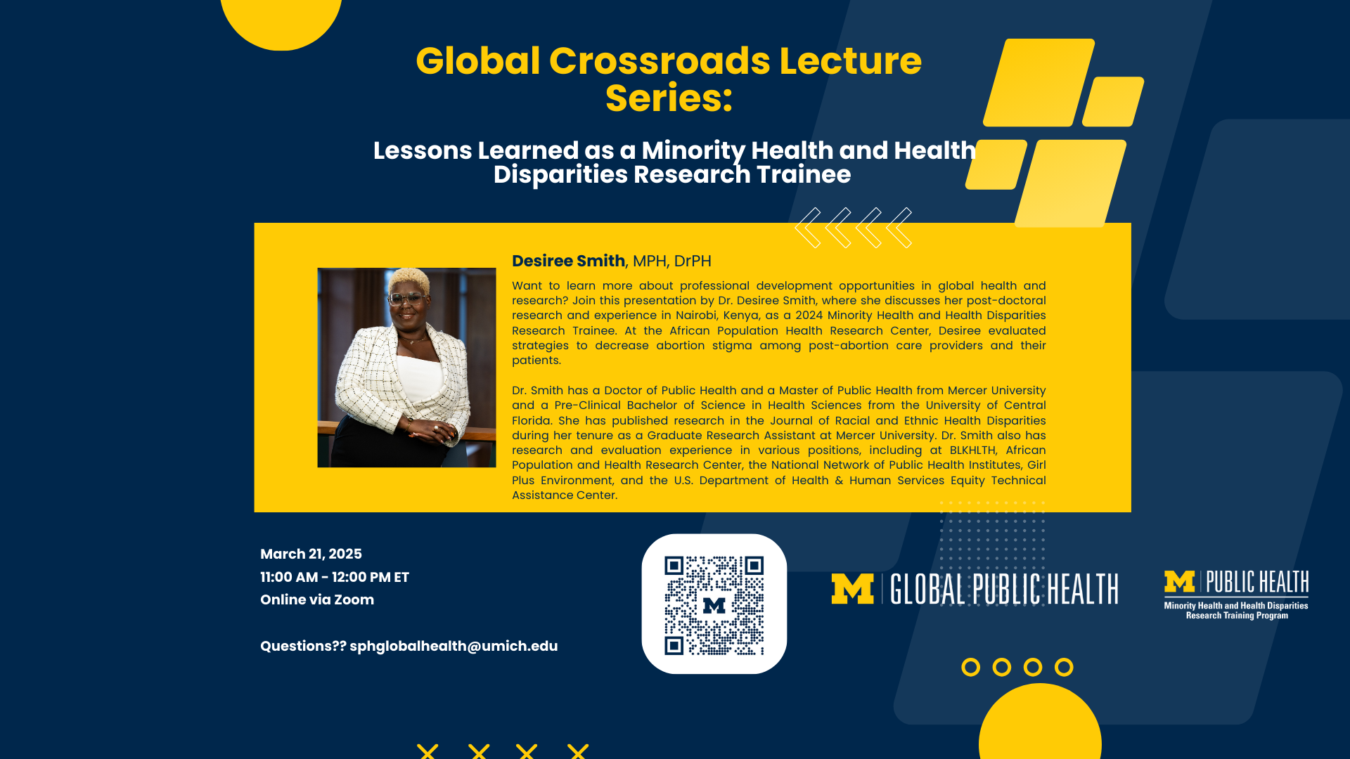 Event Flyer for Global Crossroads Lecture Series: Lessons Learned as a Minority Health and Health Disparities Research Trainee