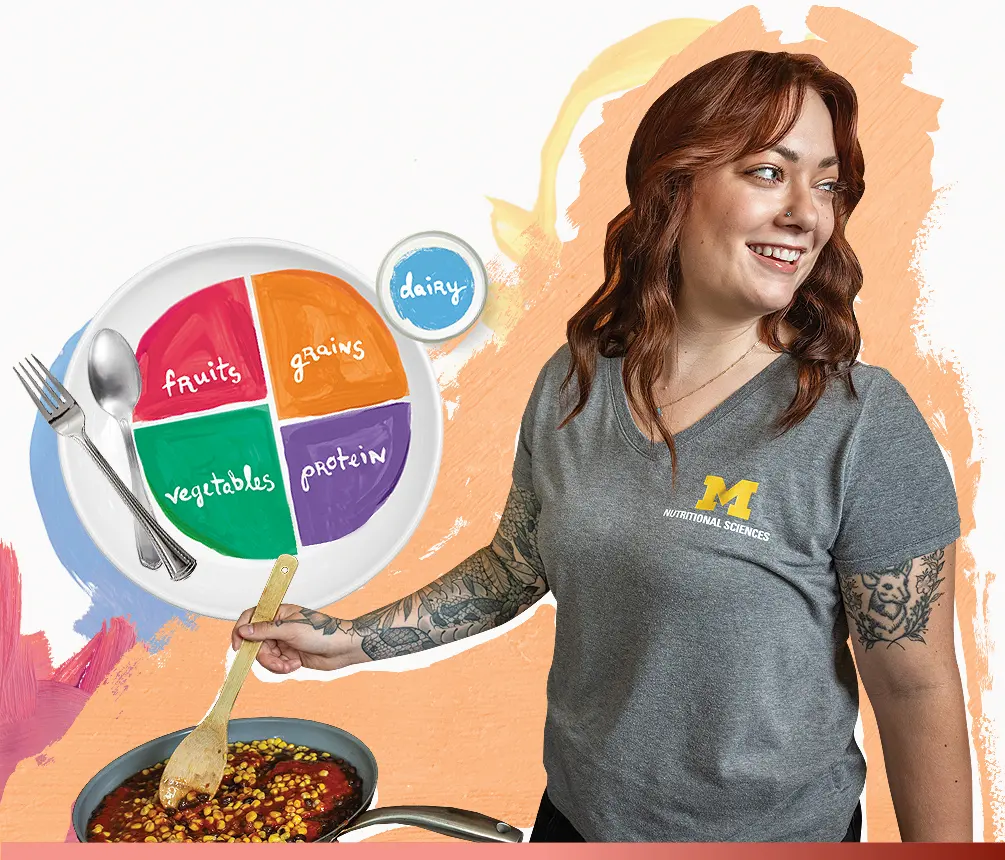 Madelyn Jones demonstrates an easy and budget-friendly recipe from the USDA’s MyPlate.gov website. This three-can chili is something she would recommend for busy students. The MyPlate symbol is a simple visual reminder to choose a variety of foods throughout the day.