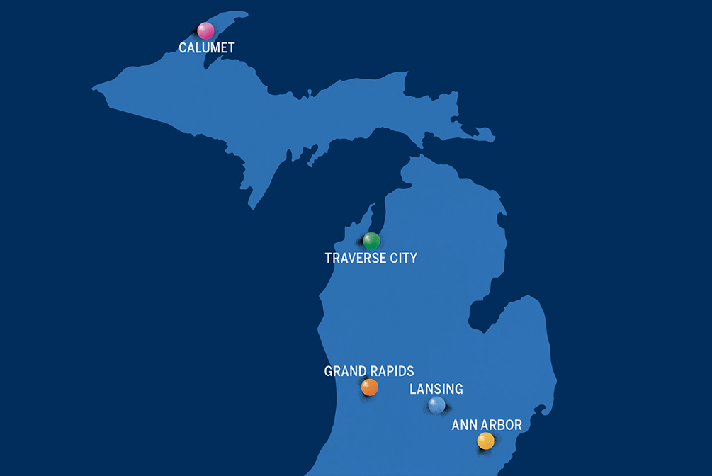 Map of Michigan with dots for the cities Calumet, Grand Rapids, Ann Arbor, Traverse City and Lansing