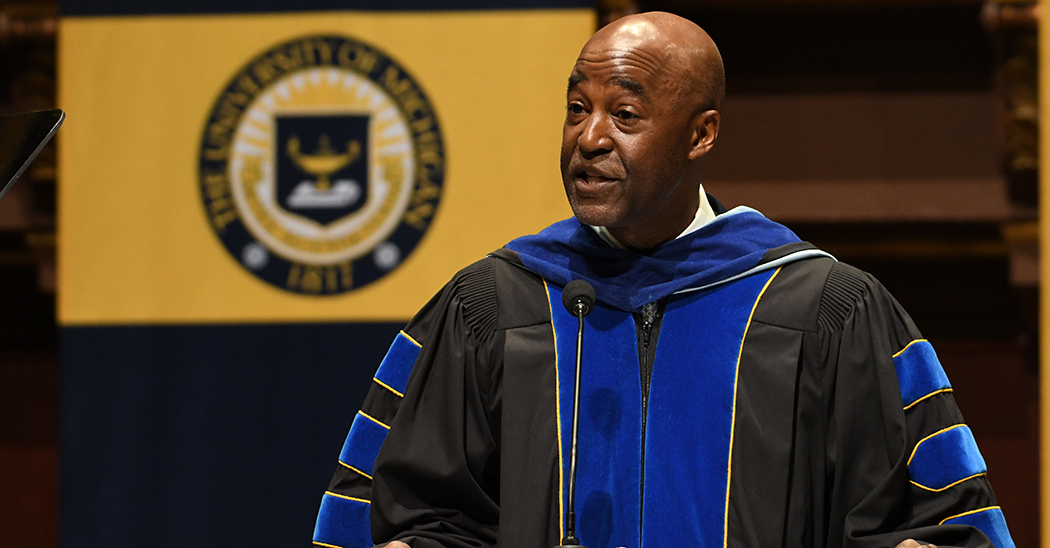Dean F. DuBois Bowman at the 2025 graduation ceremony at Hill Auditorium