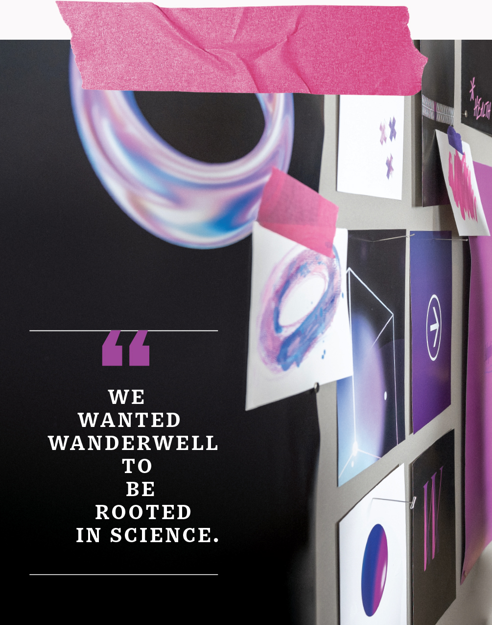 Purple and blue art with a black blackground and the quote: "We wanted WanderWell to be rooted in science." 