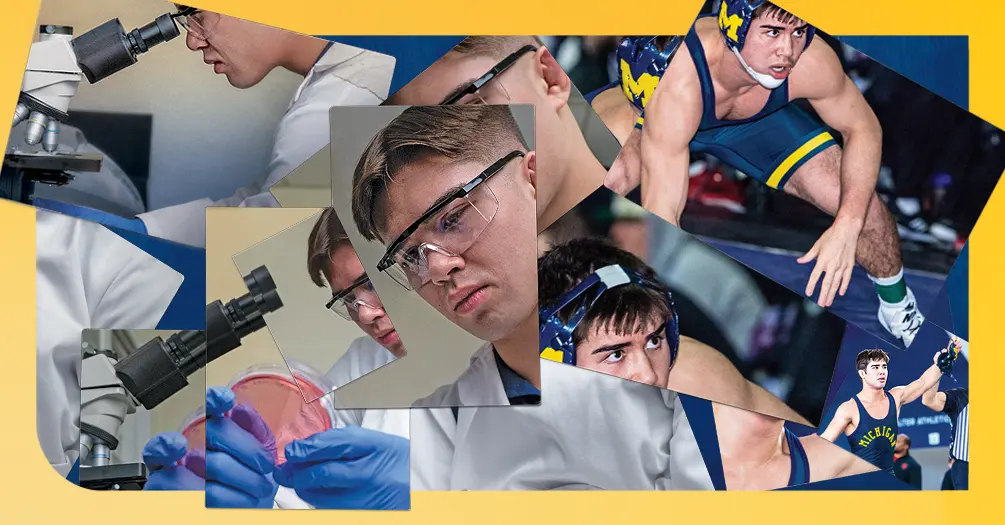 A collage of photos of Josh Knudten wearing a lab coat looking through a microscope and on the wrestling mat in his singlet and headgear