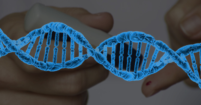 DNA molecule overlay on top of someone checking their blood sugar levels 
