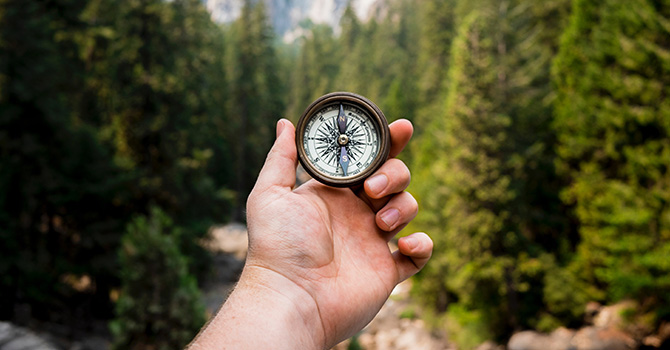 A person holding a compass in a forest.