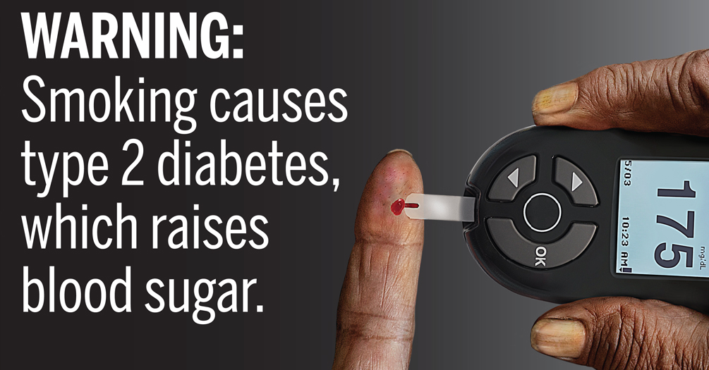 Cigarette warning label with a person checking their blood sugar level
