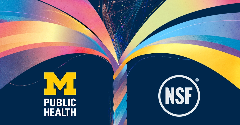 Michigan Public Health and NSF logos on dark blue background with colorful radiating arcs in pink, yellow, blue, and orange emanating from center