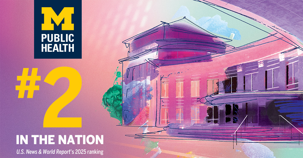 pink and purple hues and a graphic of the exterior of the school of public health with the logo and the #2 in the nation