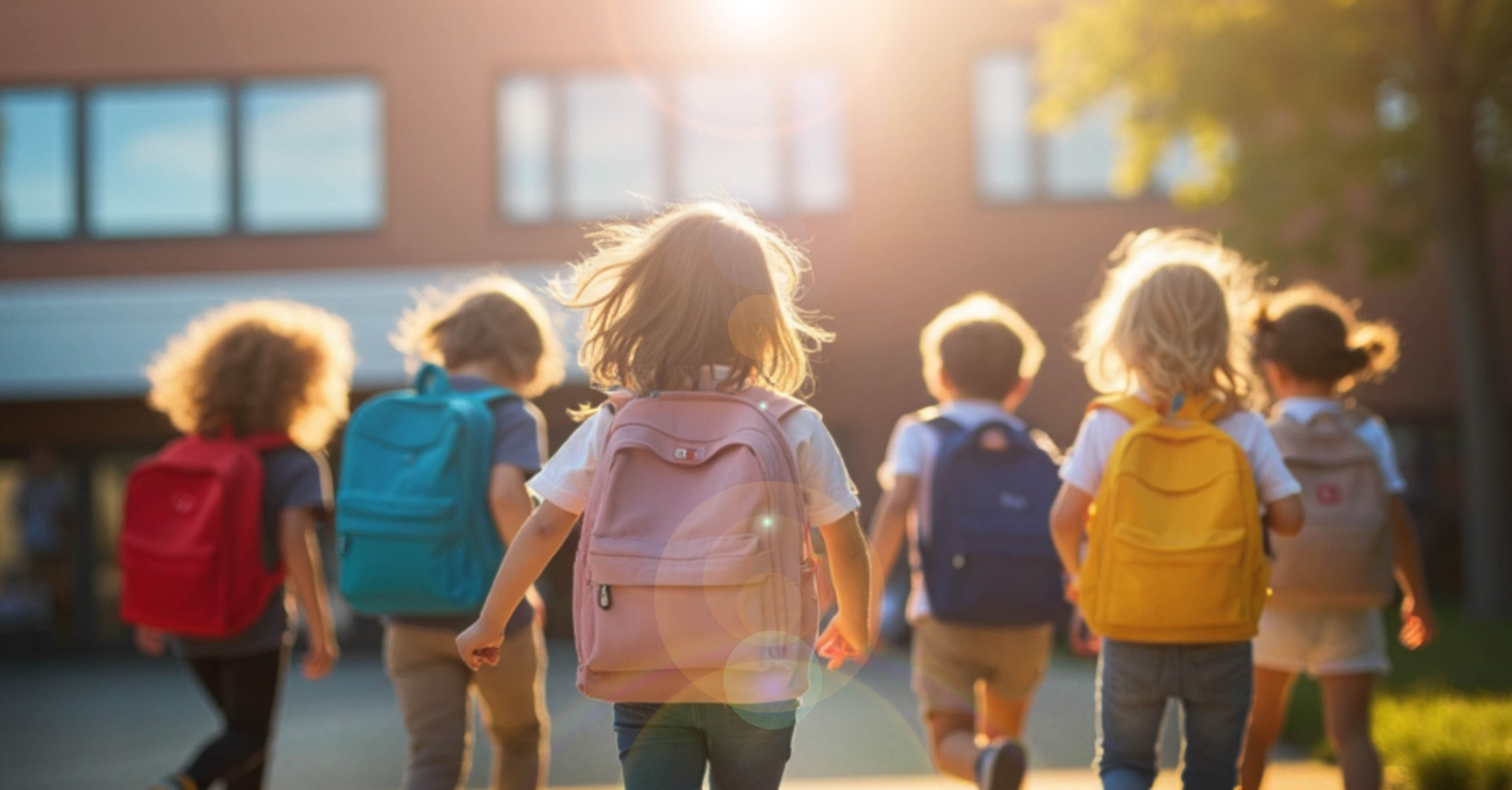 Young school children walk toward a school building.
