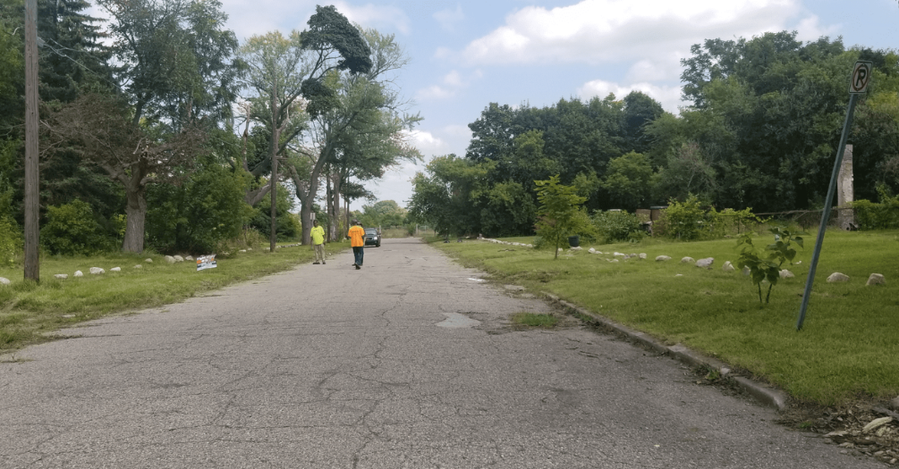 A vacant lot maintained as green space by a local organization.