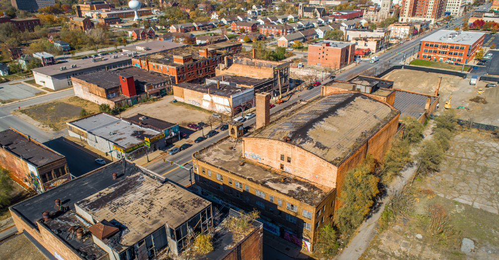 An aerial view of a town in long-term economic decline.