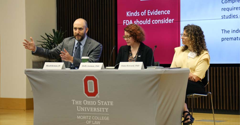 Three panelists discussing FDA evidence standards at Ohio State University Moritz College of Law conference