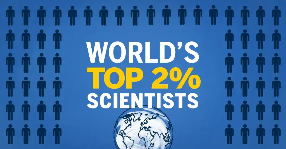 A light blue rectangle with 58 generic dark blue people logos—one row across the top and two rows of four on either side—with the words WORLD'S (in white) TOP 2% (in yellow) SCIENTISTS (in white) centered above a white sketch of earth with black outlines of the continents 