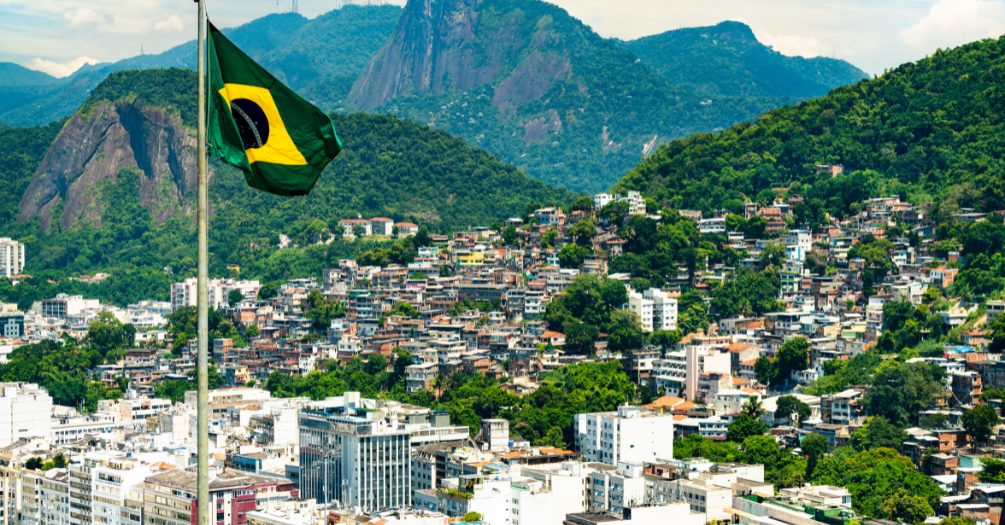 Flag of Brazil with Favela Babilonia, Leme and Corcovado of Rio de Janeiro in the background