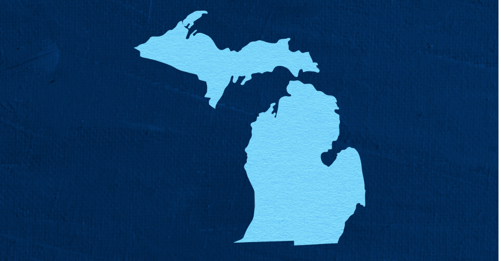 A light blue outline of the state of Michigan on dark blue background