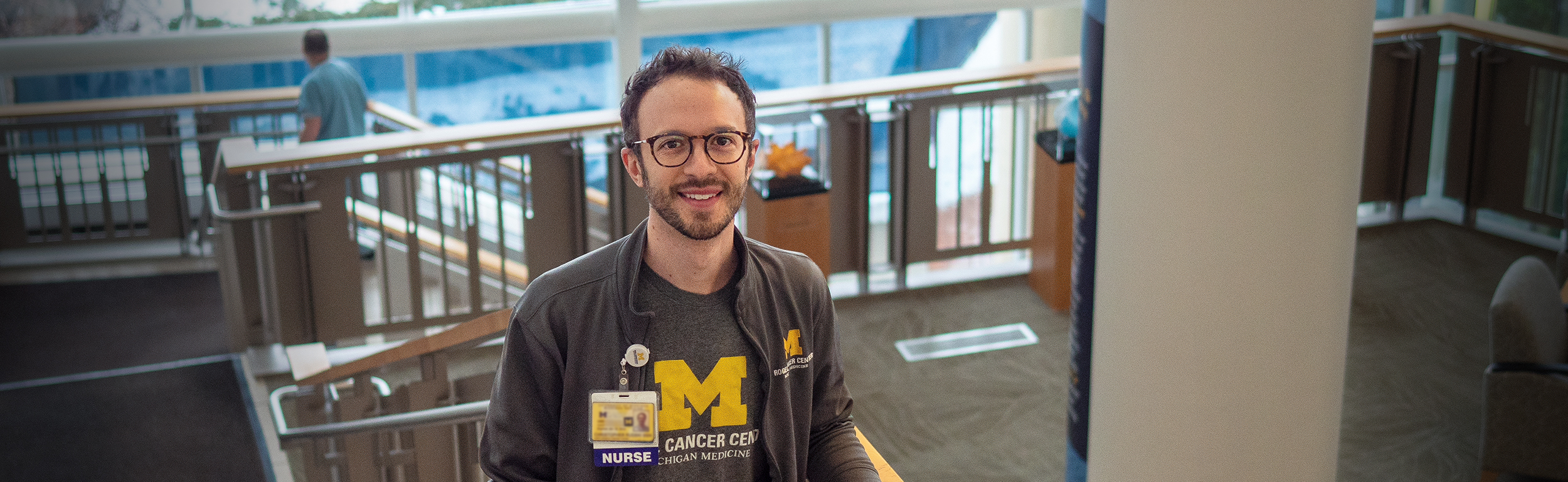 online student in lobby