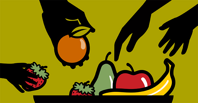 Illustration of hands reaching into a basket of food. 