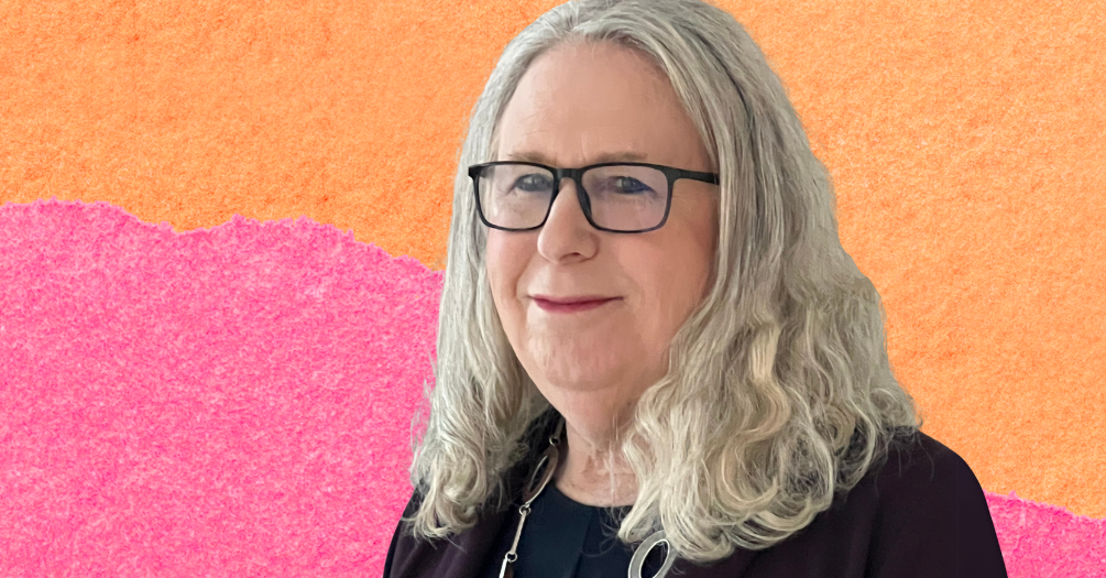 Headshot of Rachel Levine with a stylized background.