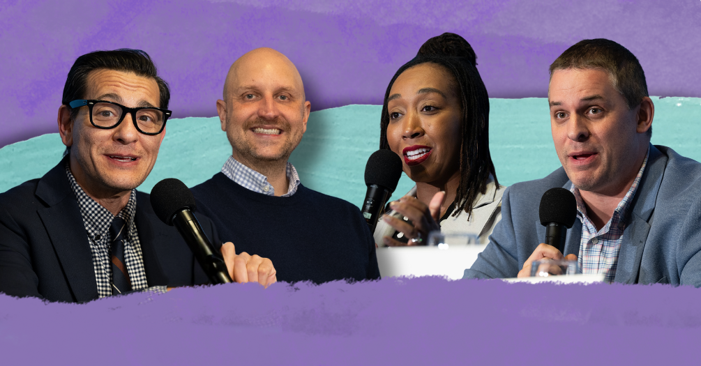 Headshots of Sari Reisner, Justin Colacino, Daphne Watkins, and Eli Savit with a stylized background.