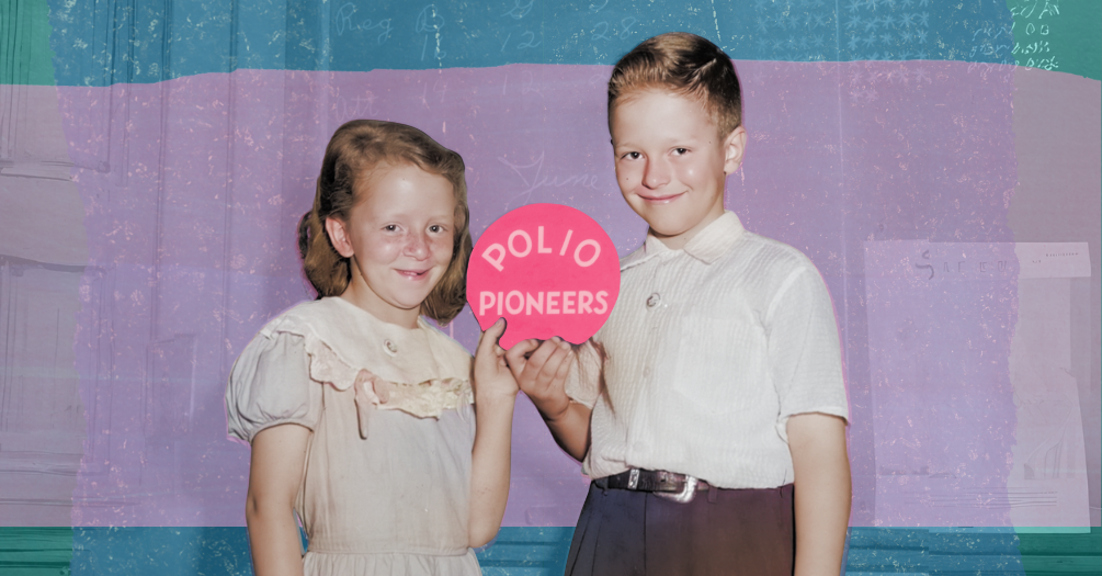 Stylized graphic of two children holding a circular sign that says, 