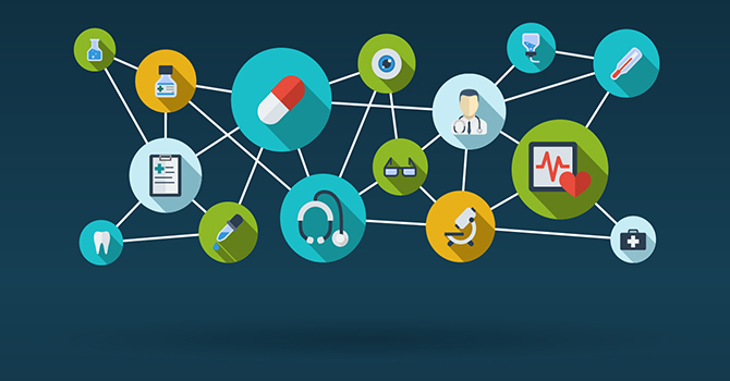 icons that display cross disciplinary public health including stethoscopes, microscopes, heart monitors, and lab equipment
