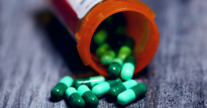 Antibiotic pills displayed in a pill bottle
