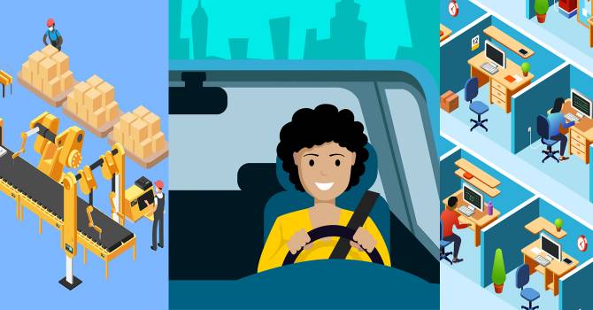 A split illustration of a factory, a woman driving a car, and and office space.