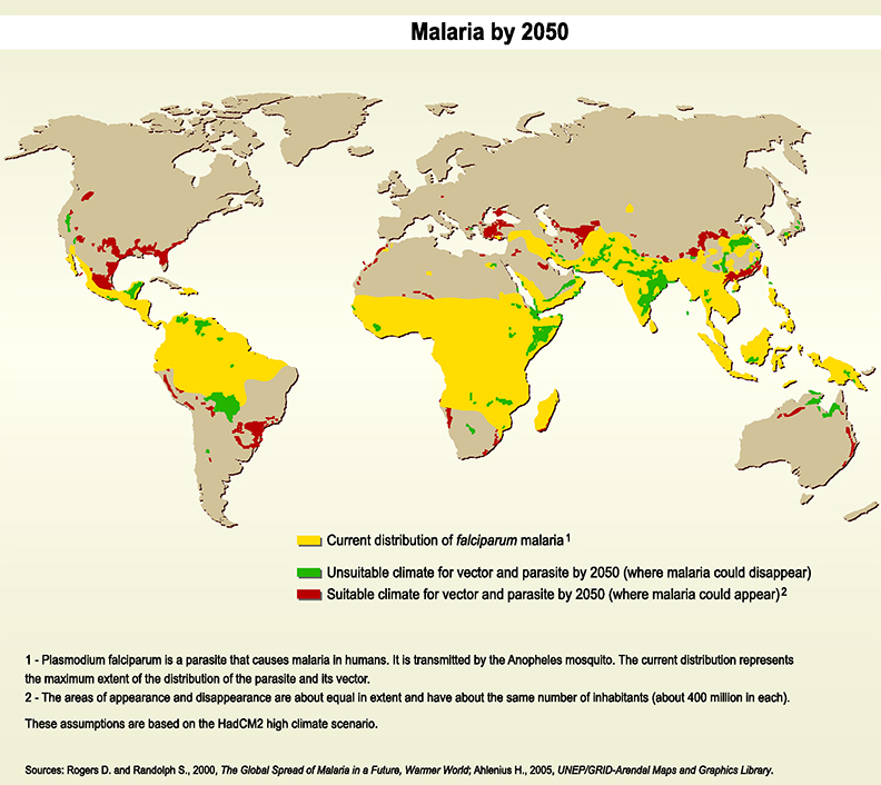 Malaria by 2050 Malaria by 2050 Current Distribution of malaria yellow Unsuitable climate for vector parasite by 2050 (where malaria could disappear) green Suitable climate for vector and parasite by 2050 (where malaria could appear) red