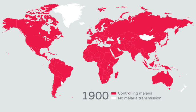 Malaria Eradication Map Malaria Eradication Map 1900 Controlling Malaria red, No malaria transmission white 1970 Controlling malaria red, No malaria transmission white 1990 Controlling malaria red, No malaria transmission white 2016 Controlling malaria red, Eliminating malaria pink, No malaria transmission white 2025 Controlling malaria red, Eliminating malaria pink, No malaria transmission white 2035 Eliminating malaria red, No malaria transmission white 2040 Eradication