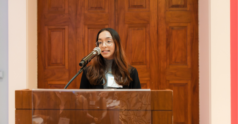 Hafsa Usman delivers a speech at the 2025 Scholarship and Awards Dinner, held at the University of Michigan Museum of Art.
