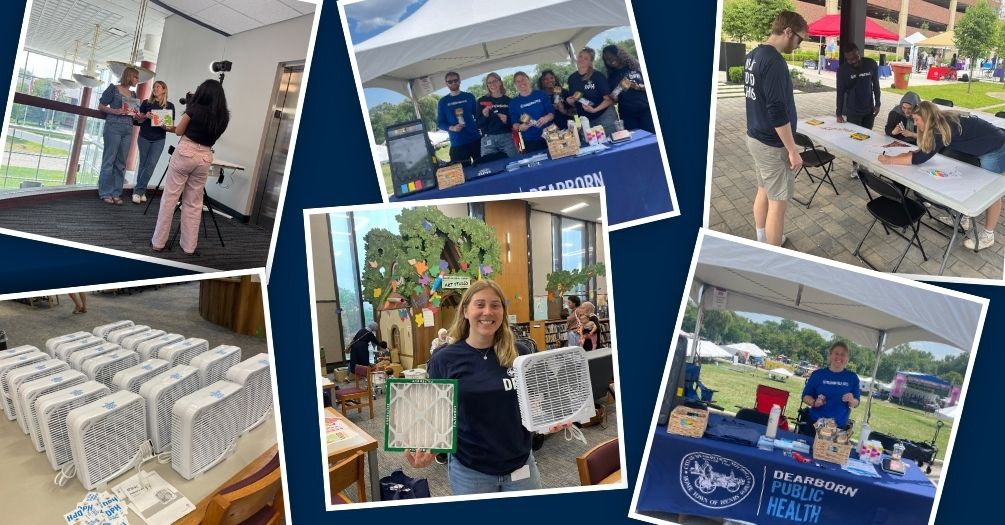 Collage of public health student Julia Ginter-Berriman at Dearborn community events, sharing resources and demonstrating air quality solutions.